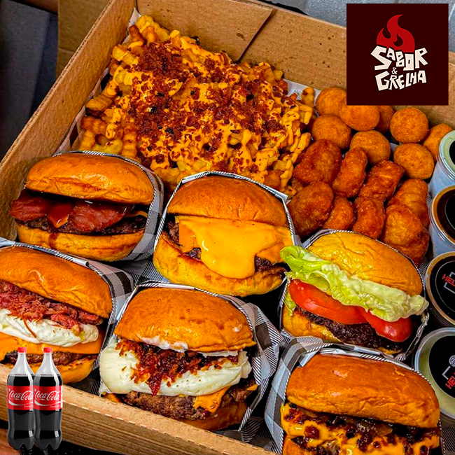 RODÍZIO EM CASA - 6x Hambúrgueres + 500g de Fritas + 500g Nuggets + 2x Coca-Cola 2 Litros + 4 Molhos Especiais